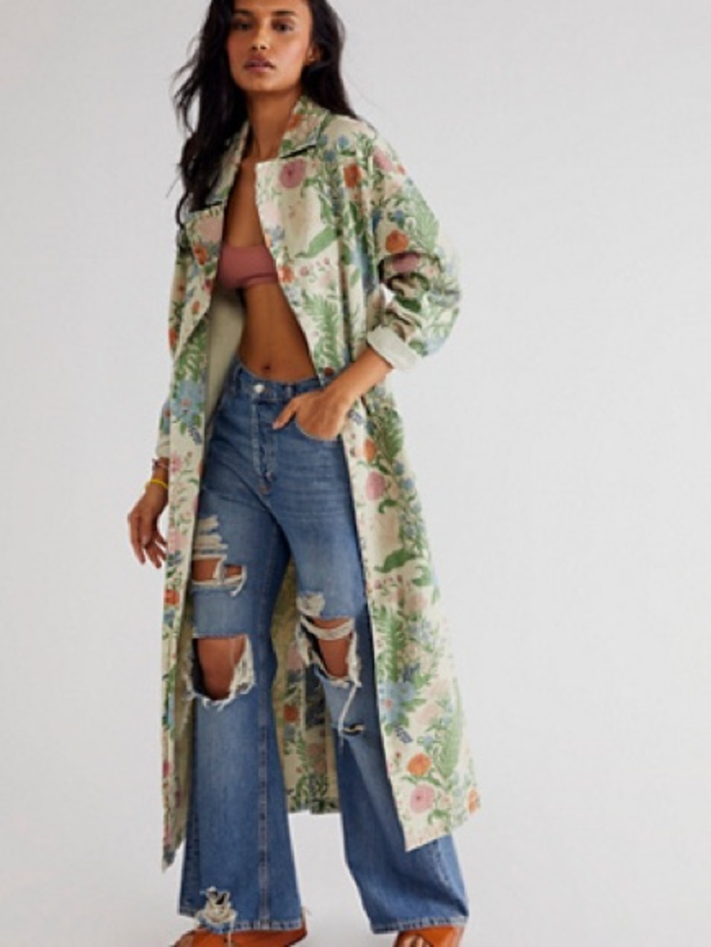 Wrangler X Free People Cream Floral Button-Up Jacket with Pink and Green Print